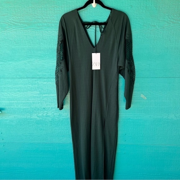 ZARA OPEN CROCHET LACE LONG SLEEVE MAXI DRESS FOREST GREEN MEDIUM NWT - Picture 16 of 16